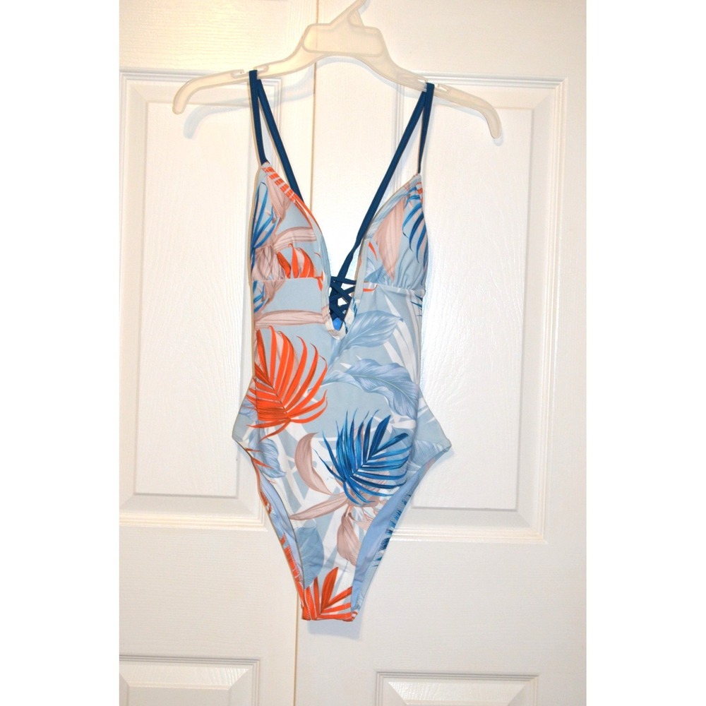 Nwt's Cupshe Swimsuit 1 Pc Blue Floral Tropical Leaves Womens Size S Tie In Back